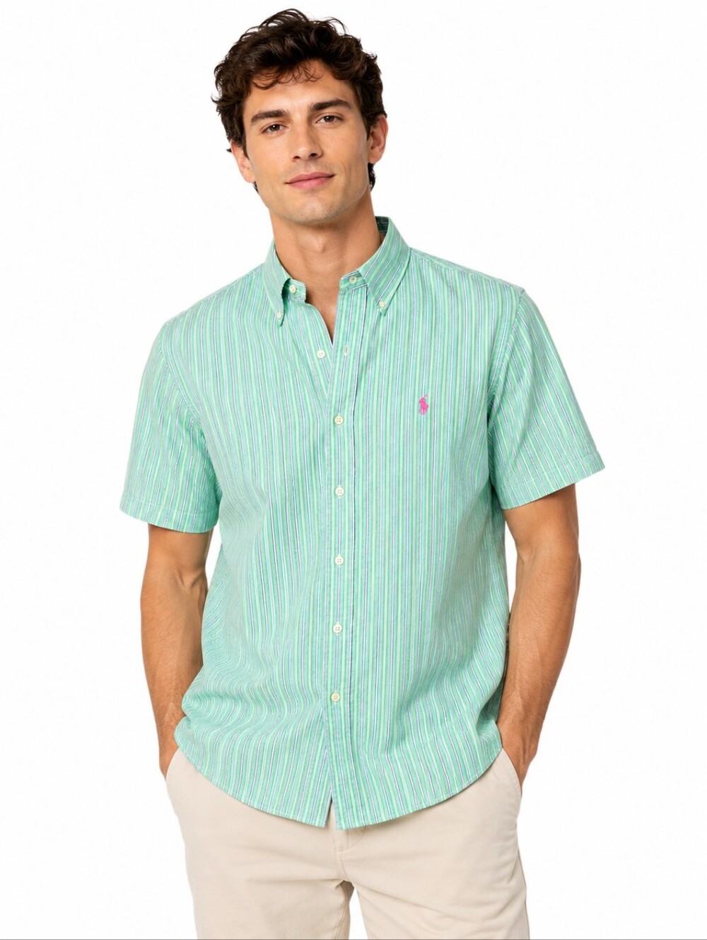 Ralph Lauren Pink Pony Custom Fit Striped Button-Up Shirt Green Blue XL